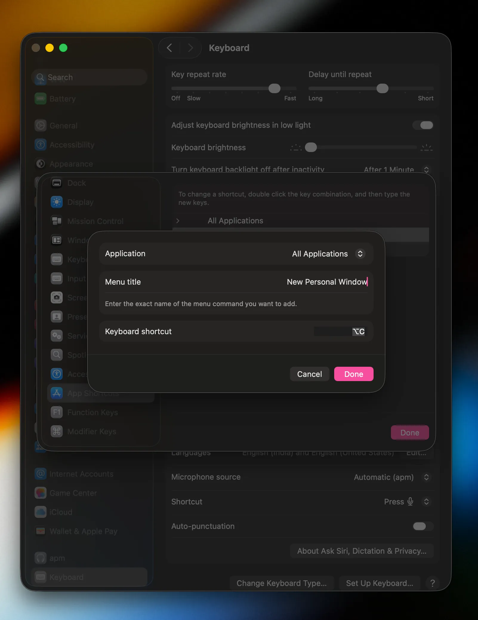 MacOS Keyboard Shortcuts section from System Settings